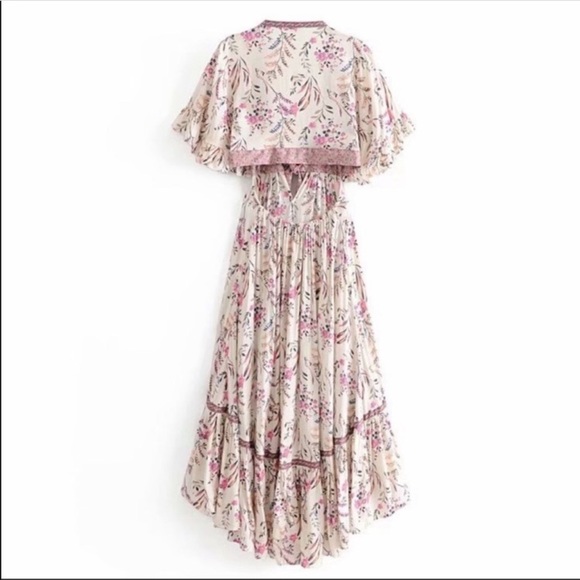 (Last 1)Boho cream floral print ruffle cutout dres - Picture 4 of 9